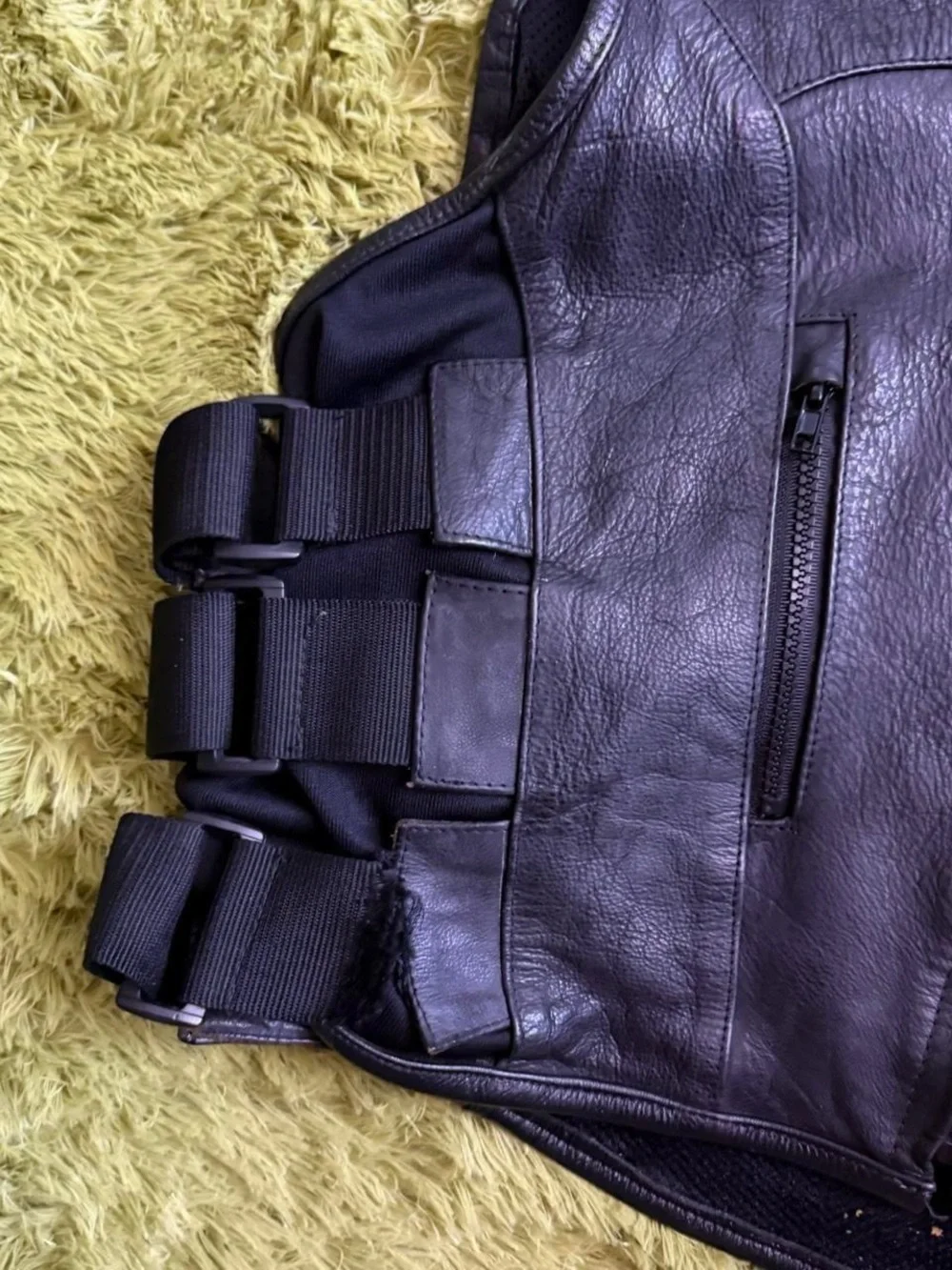 Black Leather Motorcycle Vest with Orange Lining